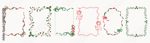 Christmas and New Year decorative frames vector illustration with red green ribbon swirls holly leaves berries and festive border elements — elegant design for greeting cards and holiday prints