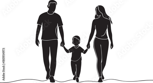 Happy family in continuous line art drawing style. Front view of parents with their little kid holding hands and walking together black linear sketch isolated on white background. Vector illustration