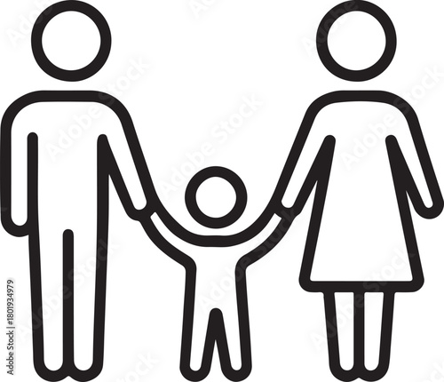 Happy family in continuous line art drawing style. Front view of parents with their little kid holding hands and walking together black linear sketch isolated on white background. Vector illustration