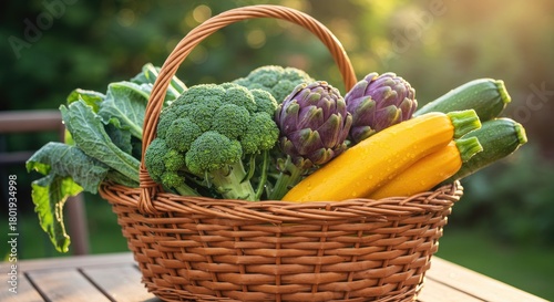 Fresh vegetables in wicker basket outdoors healthy eating concept