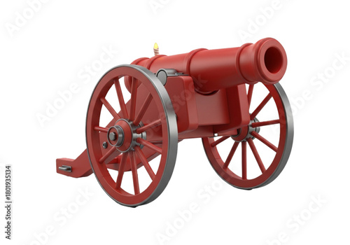 Red field cannon with wheels, 3D render isolated on transparent background.