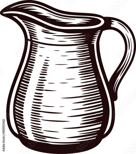 Vintage hand drawn sketch of classic ceramic pitcher with curved handle and spout on white background