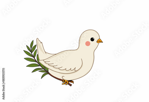 Delicately Illustrated White Dove Perched on a Branch with Green Leaves Against a Clean Minimalist Background