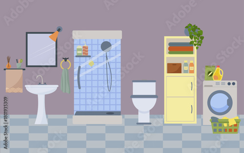 Flat cartoon bathroom illustration with toilet, shower, sink, and washing machine. Interior design concept for hygiene and household.