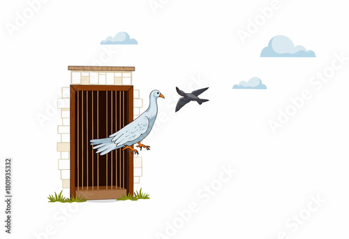 Illustration of a pigeon being released from a wooden birdhouse with a smaller bird in flight against a clear blue sky background