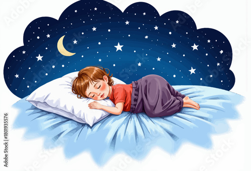 Illustration of a Peaceful Child Sleeping on a Pillow Under a Starry Night Sky with a Crescent Moon and Stars in the Background