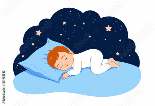 Peaceful night scene of a young child sleeping soundly on a blue pillow, surrounded by a star-filled sky, symbolizing tranquility and restful dreams