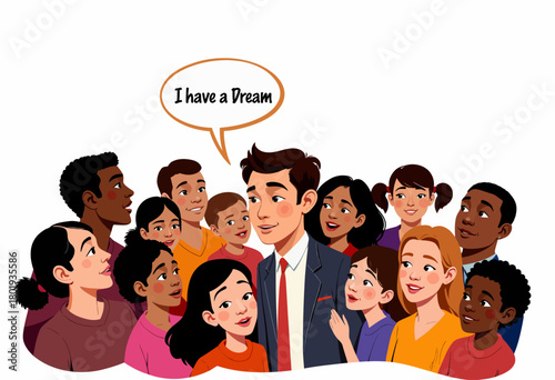 Illustration of a Diverse Group of People Listening Intently to a Speaker Expressing Aspirational Ideas of Hope and Unity