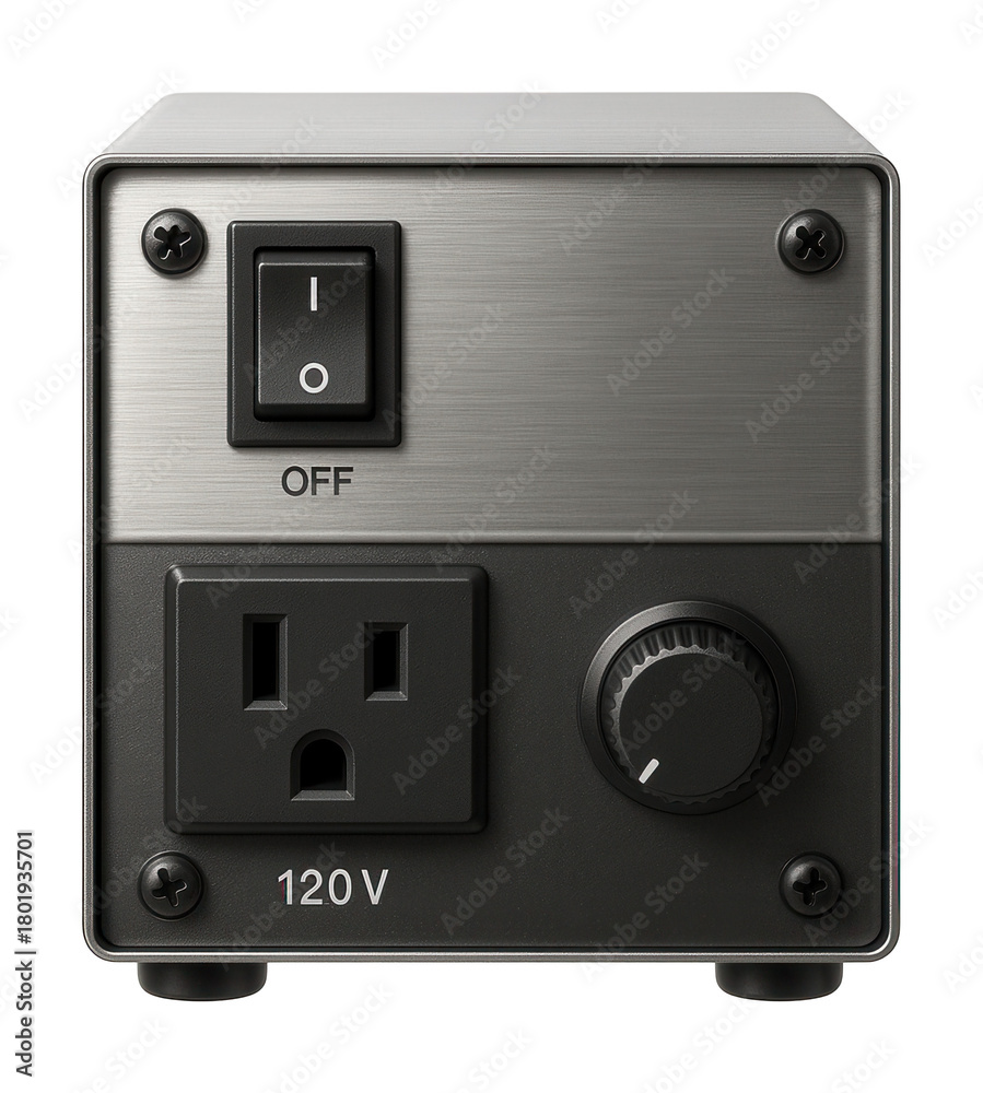 Obraz premium A compact metal step-down transformer for basement workshop tools in a home.