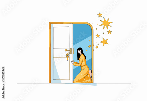 Illustration of a Woman Unlocking a Door with Stars, Symbolizing New Opportunities and Inspiration Through an Open Pathway