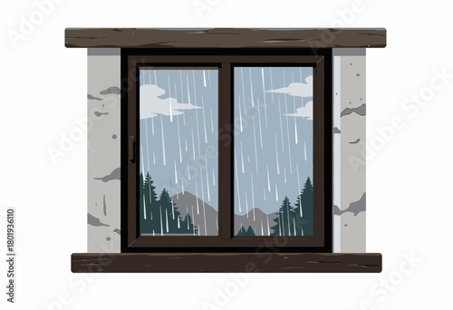 Serene Mountain Landscape Viewed Through a Rustic Window on a Rainy Day with Clouds and Forest Framed by Sturdy Wooden Beams