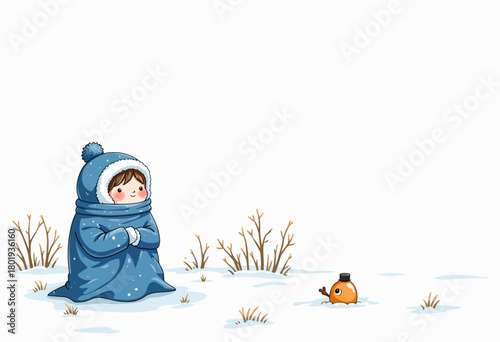 Illustration of a Child Wrapped in a Blue Blanket in a Snowy Landscape Interacting with a Little Orange Bird Sitting on Snow-Covered Ground