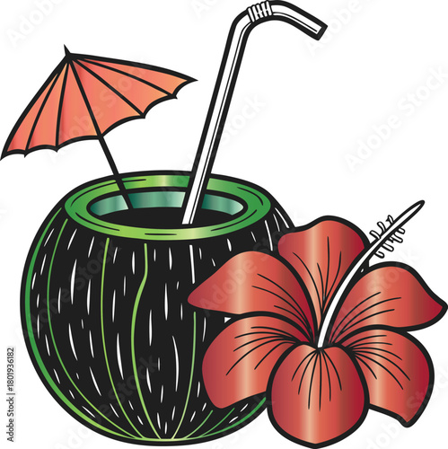 Illustration of a refreshing glass of cocktail with straw