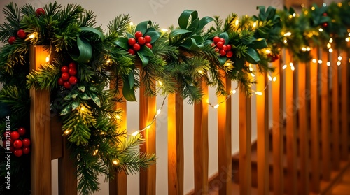Christmas garland with lights wrapped around a wooden staircase railing