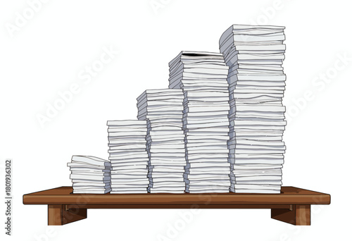 Illustration of a wooden table supporting a series of towering stacks of paper, organized in ascending order, symbolizing progression and increasing workload