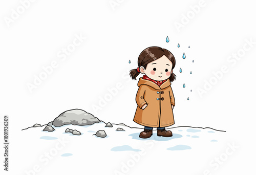 Cartoon illustration of a young girl in a winter coat standing in snow with a concerned expression as raindrops fall around her on a clear day