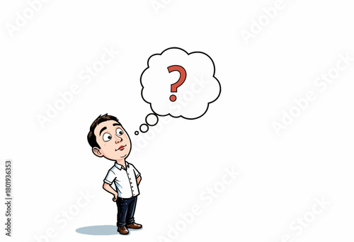 Cartoon character pondering with a question mark in a thought bubble indicating curiosity or confusion in a minimalistic design