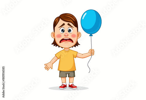 Illustration of a Sad Child in an Orange Shirt Holding a Blue Balloon with a String on a White Background