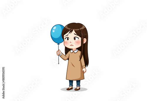 Young Girl Holding a Blue Balloon with a Sad Expression in a Minimalistic White Background Without Additional Objects