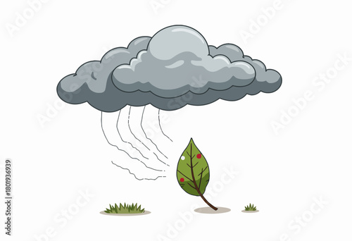 Illustration of a solitary leaf battling strong winds under a dark, ominous cloud conveying a whimsical and atmospheric scene of nature's dynamic interplay