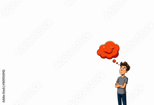 Illustrated young man contemplating with arms crossed, thought bubble above, on a white background emphasizing space for ideas and imagination