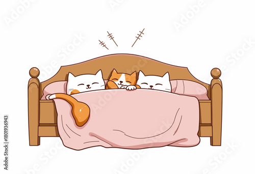 Three adorable cats cuddled together under a cozy pink blanket on a wooden bed, radiating warmth, comfort, and companionship in a peaceful setting