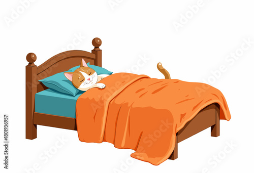 Adorable cartoon cat peacefully sleeping on a cozy bed with a vibrant orange blanket and teal pillow, illustrating a sense of comfort and relaxation