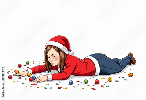 Young Woman in Festive Santa Hat Lying Among Colorful Ornament Balls and Confetti on White Background Depicting a Whimsical Holiday Celebration Scene
