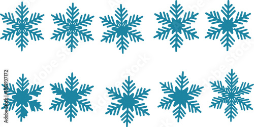 Collection of eight sparkling blue glitter snowflakes arranged in two rows on a white background