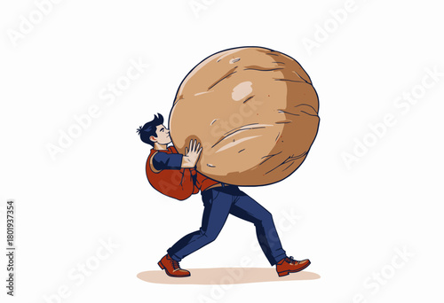 Determined Young Man Struggling to Carry an Oversized Baggage Symbolizing Overcoming Challenges and Strength Amidst Difficult Tasks