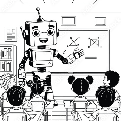 Monochrome vector illustration of an anthropomorphic robot teacher instructing geometry lessons to young students in a primary school classroom.