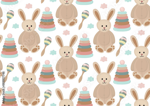 Seamless pattern with cute baby toys in pastel colors. Background of beige bunny, colorful stacking pyramid and playful rattle. 