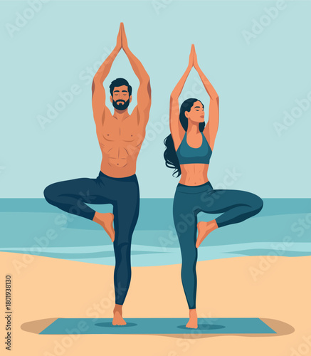 A vector illustration of a man with a beard and a woman with beautiful hair practicing yoga in the Vrikshasana tree pose. Beach landscape, sky, sand. Ideal for health, yoga, fitness, lifestyle content