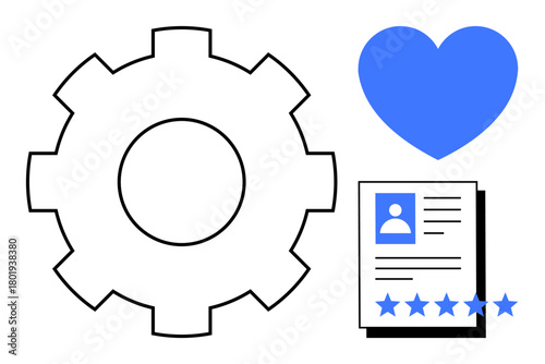 Gear symbolizing processes, blue heart for care, document with photo and star ratings showing evaluation and recognition. Ideal for HR, customer service, productivity, ratings, feedback, workflow