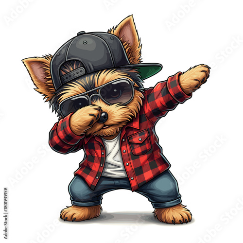 Dabbing Yorkie Dog in Flannel Shirt and Cap