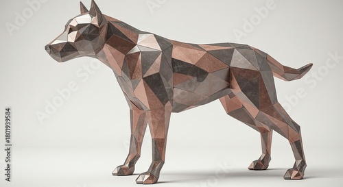 Geometric dog sculpture on white background showcasing modern art design