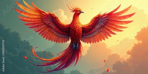 A majestic firebird soars through a vibrant, sunset sky, its fiery plumage ablaze with color, feathers gently falling like embers, a breathtaking symbol of renewal and transformation