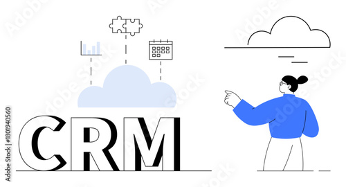 CRM text linked to cloud, analytics, puzzle, calendar tools, and female character pointing at another cloud. Ideal for cloud computing, CRM platforms, data management, teamwork automation strategy