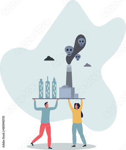 Pollution as air damaging with factory fumes and CO2.Emission cloud from industrial manufacturing as toxic and environmental contamination .life and employment of people.