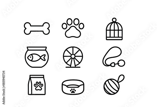 Vector Pet care icons collection: bone, paw print, cage, fishbowl, wheel, leash, food, bowl, toy