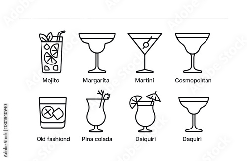 Vector Outline icons of popular cocktails: mojito, margarita, martini, cosmo, old fashioned, pina colada, daiquiri
