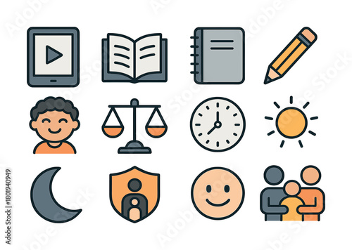 Vector Educational and time management icons featuring diverse elements