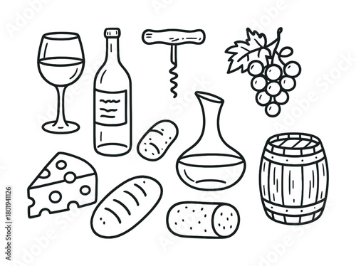 Vector Wine and cheese festivity: grapes, bread, barrel, decanter, corkscrew, and sausage illustration
