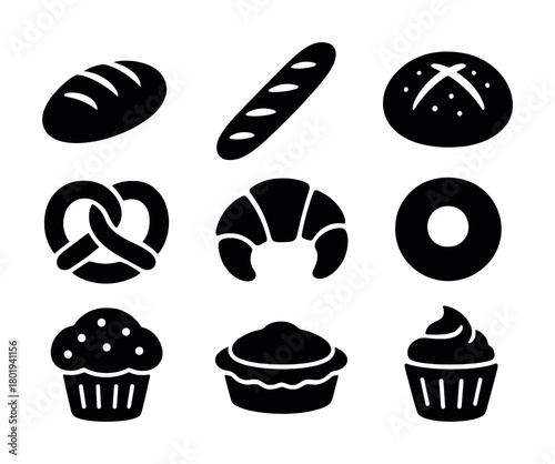 Vector Assorted bakery icons: bread, pastries, and desserts