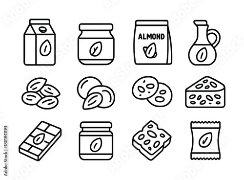 Vector Outline icons of various almond-based products including milk, cookies, and chocolate