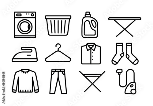 Vector Laundry equipment icons: washing machine, detergent, ironing board, clothes, vacuum