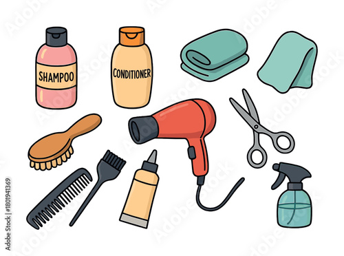 Vector Hair care essentials: shampoo, conditioner, brush, hairdryer, scissors, and more