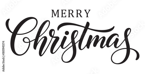 Elegant black and white vector calligraphy and typography reading "MERRY Christmas." "Christmas" is rendered in flowing, modern script lettering, while "MERRY" is in capitalized serif font, isolated o
