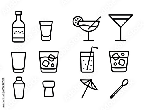 Vector Outline icons of various alcoholic beverages and barware objects