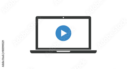Modern laptop computer displaying a blue play button icon on its screen for video playback